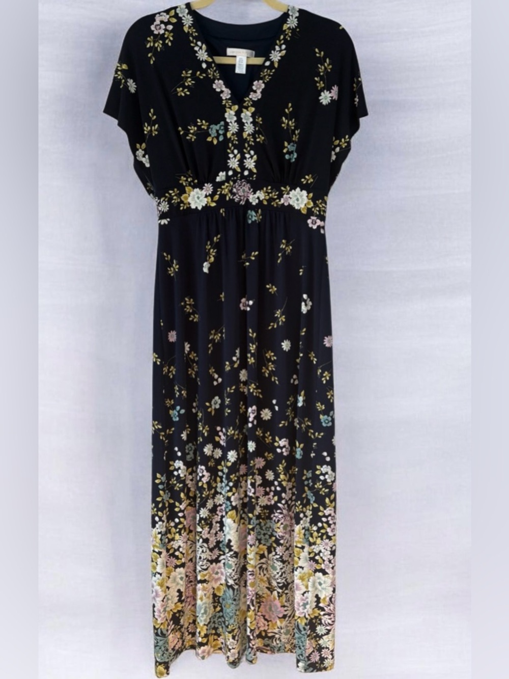 London Times Romantic Maxi Dress Navy with Soft Pastel Accents Size 6